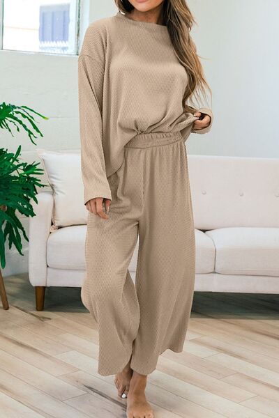 Round Neck Dropped Shoulder Top and Pants Set Shop One Place