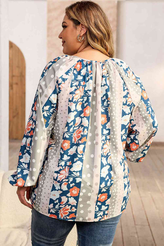 Plus Size Floral Tie Neck Blouse Shop One Place