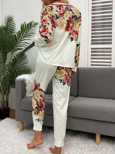 Printed Round Neck Top and Drawstring Pants Lounge Set Shop One Place