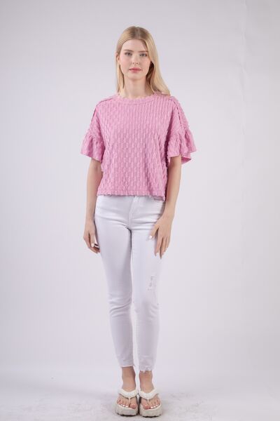 VERY J Full Size Texture Ruffle Short Sleeve Top Shop One Place