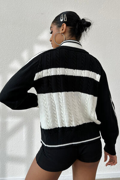 Cable-Knit Color Block Raglan Sleeve Cardigan Shop One Place
