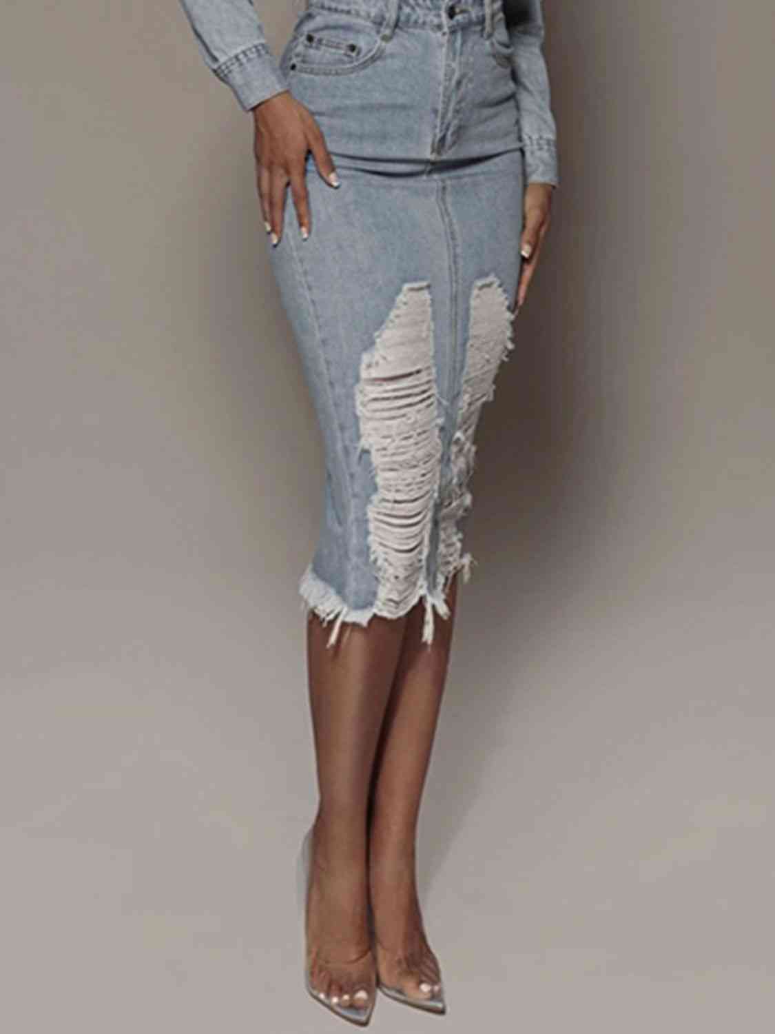 Distressed Slit Denim Skirt Shop One Place