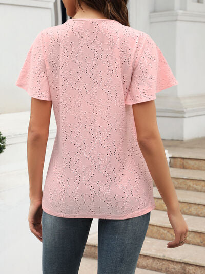 Eyelet V-Neck Short Sleeve Blouse Shop One Place