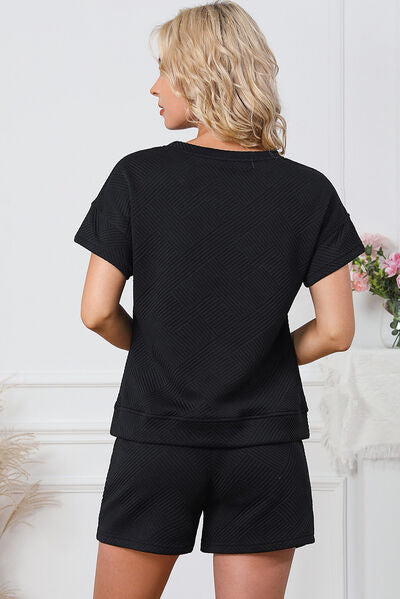 Textured Round Neck T-Shirt and Shorts Set Shop One Place