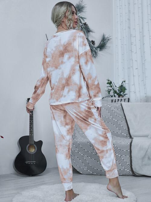 Tie-dye Round Neck Top and Drawstring Pants Lounge Set Shop One Place