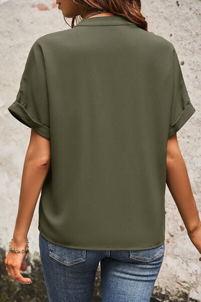 Pocketed Notched Short Sleeve Blouse Shop One Place