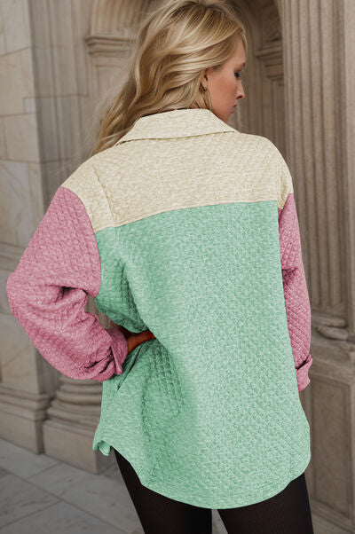 Color Block Button Up Long Sleeve Shacket Shop One Place