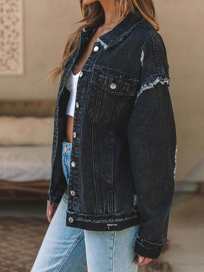 Button Up Raw Hem Distressed Denim Jacket Shop One Place
