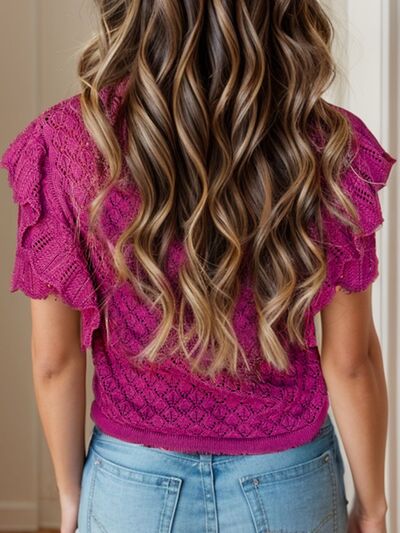 Eyelet Ruffle Trim Short Sleeve Sweater Shop One Place