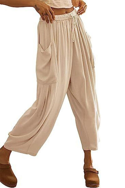 Full Size Pocketed Drawstring Wide Leg Pants Shop One Place