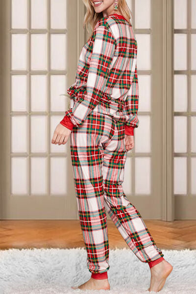 Plaid Round Neck Top and Pants Set Shop One Place