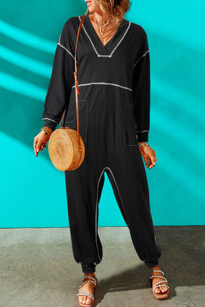 Contrast Stitching Pocketed Dropped Shoulder Jumpsuit Shop One Place