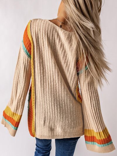 Striped Round Neck Long Sleeve Sweater Shop One Place