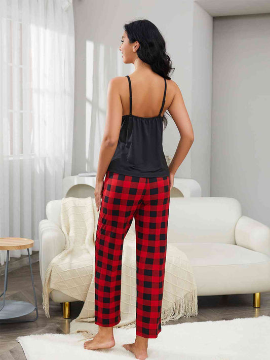 Lace Trim Cami and Plaid Pants Lounge Set Shop One Place