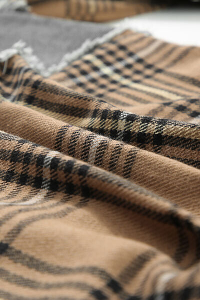 Plaid Raw Hem Button Up Denim Jacket Shop One Place