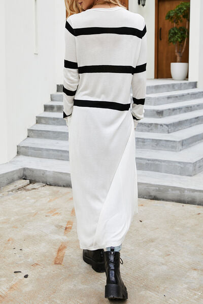 Pocketed Striped Button Up Cardigan Shop One Place