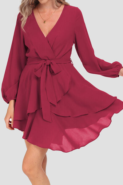 Tied Surplice Balloon Sleeve Layered Dress Shop One Place