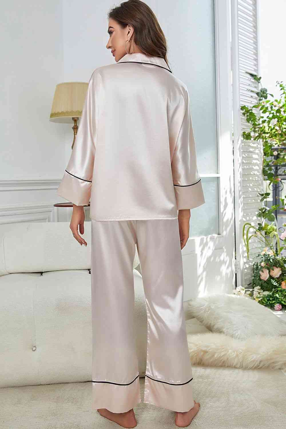 Contrast Piping Button-Up Top and Pants Pajama Set Shop One Place
