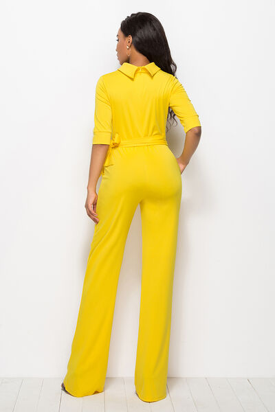 Mock Neck Tie-Waist Half Sleeve Jumpsuit Shop One Place