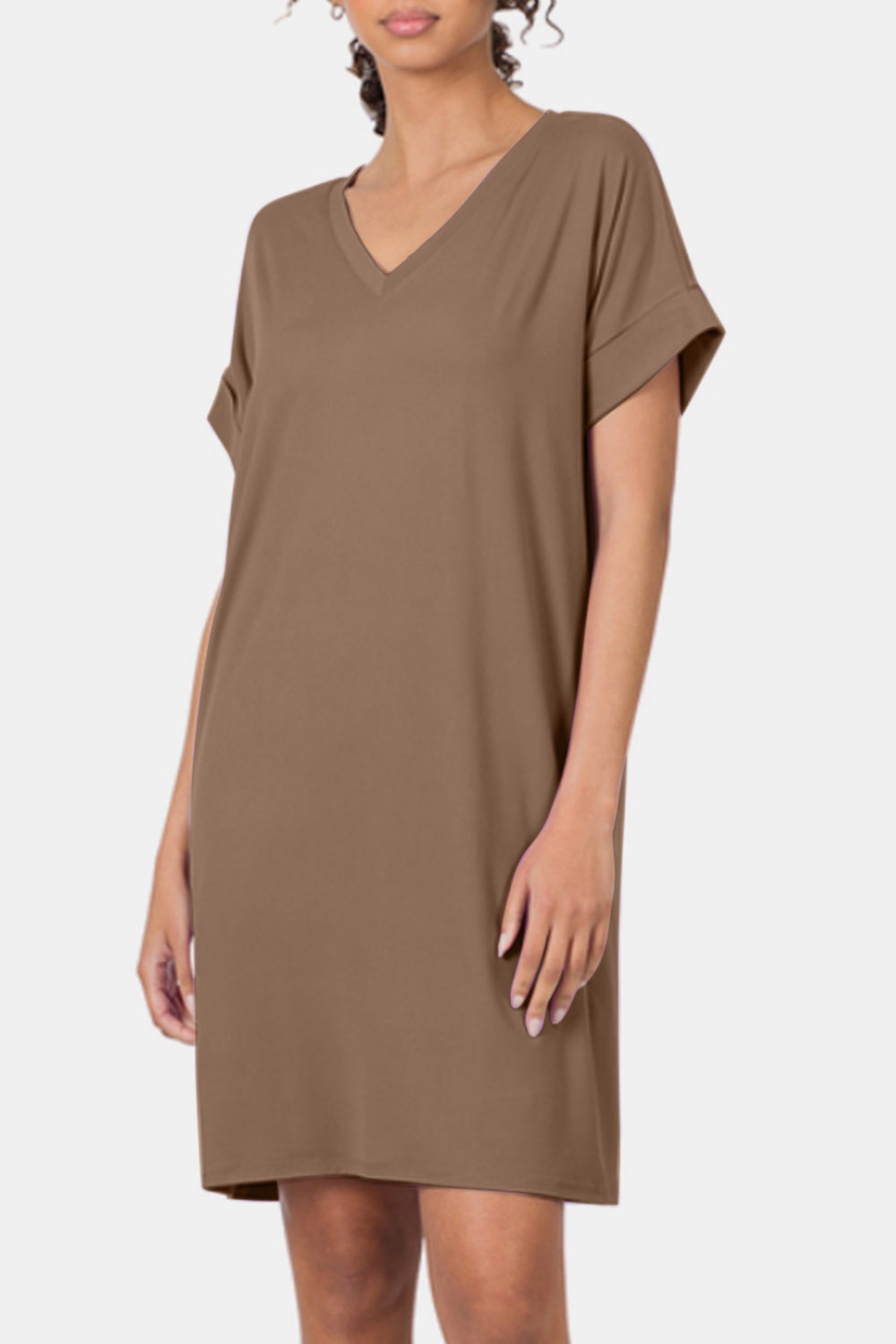 Zenana Rolled Short Sleeve V-Neck Dress Shop One Place