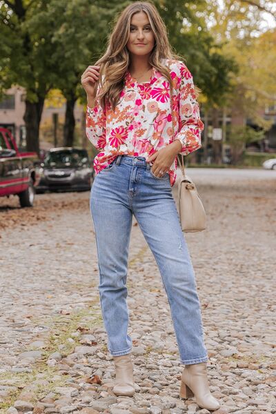 Floral V-Neck Frill Long Sleeve Blouse Shop One Place