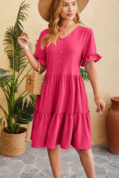 Swiss Dot Ruffled V-Neck Tiered Dress Shop One Place