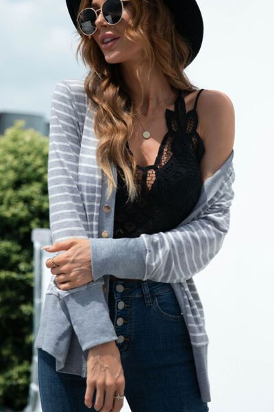 Striped Snap Down Long Sleeve Cardigan Shop One Place