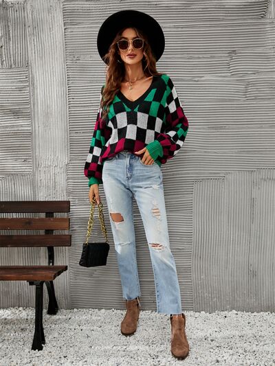 Checkered V-Neck Lantern Sleeve Sweater Shop One Place