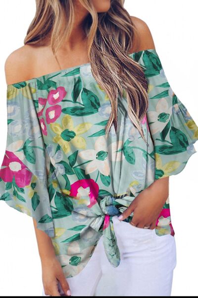 Tied Printed Off-Shoulder Half Sleeve Blouse Shop One Place