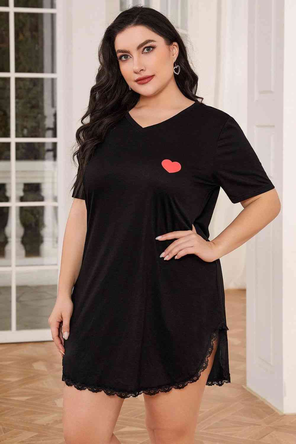 Plus Size Lace Trim V-Neck Short Sleeve Night Dress Shop One Place