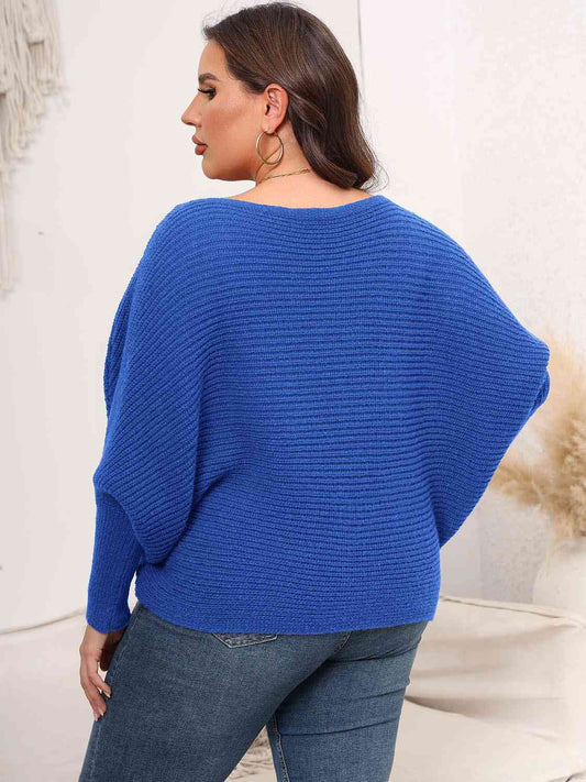 Full Size Boat Neck Batwing Sleeve Sweater Shop One Place