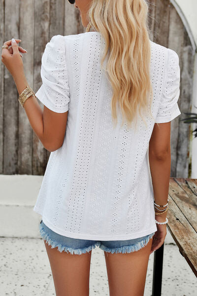 Eyelet Square Neck Puff Sleeve T-Shirt Shop One Place