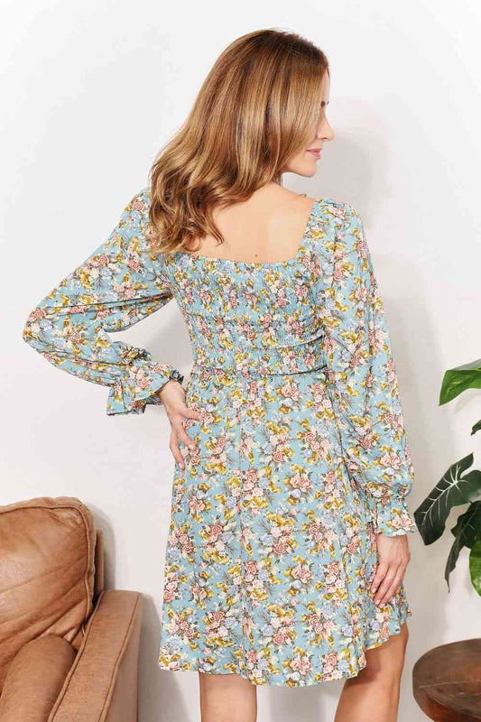 Floral Smocked Flounce Sleeve Square Neck Dress Shop One Place
