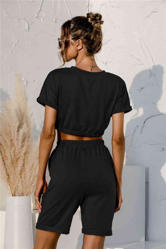 Short Sleeve Cropped Top and Drawstring Shorts Lounge Set Shop One Place