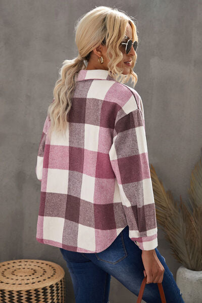 Plaid Button Up Dropped Shoulder Jacket Shop One Place