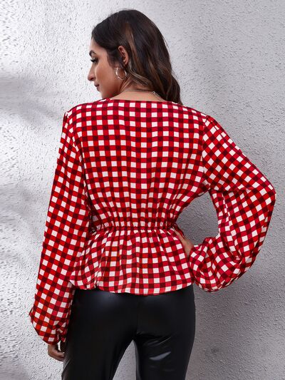 Plaid V-Neck Balloon Sleeve Peplum Blouse Shop One Place