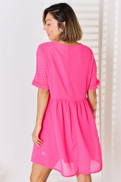 Zenana Swiss Dot Rolled Short Sleeve Babydoll Dress Shop One Place