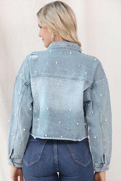 Distressed Pearl Trim Button Up Denim Jacket Shop One Place