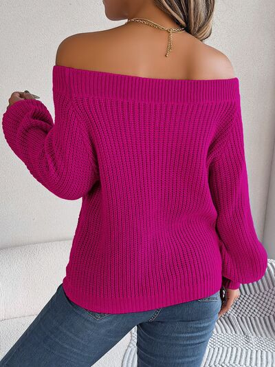 Openwork Off-Shoulder Long Sleeve Sweater Shop One Place