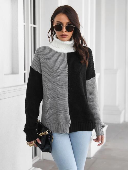 Contrast Turtleneck Long Sleeve Sweater Shop One Place