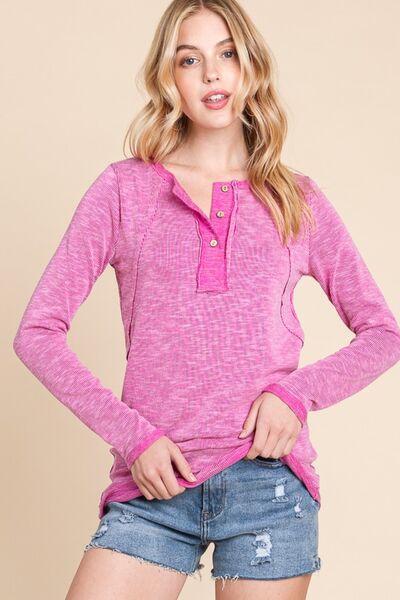 Reborn J Contrast Trim Half Button Long Sleeve T-Shirt Shop One Place