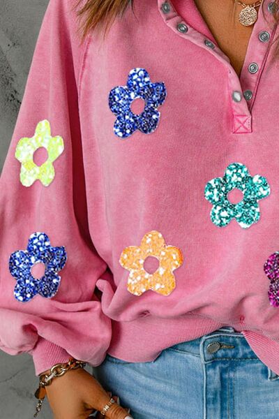 Sequin Flower Half Snap Lantern Sleeve Sweatshirt Shop One Place