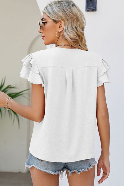 Ruffled V-Neck Short Sleeve Blouse Shop One Place