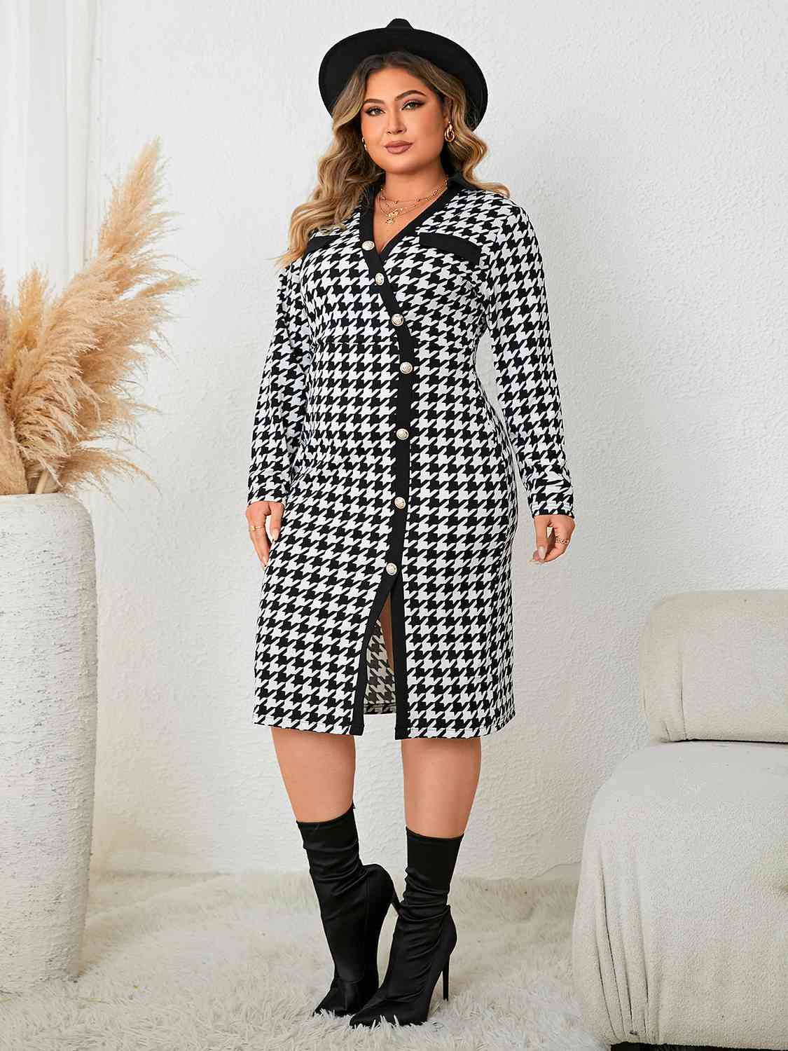 Plus Size Houndstooth Long Sleeve Slit Dress Shop One Place