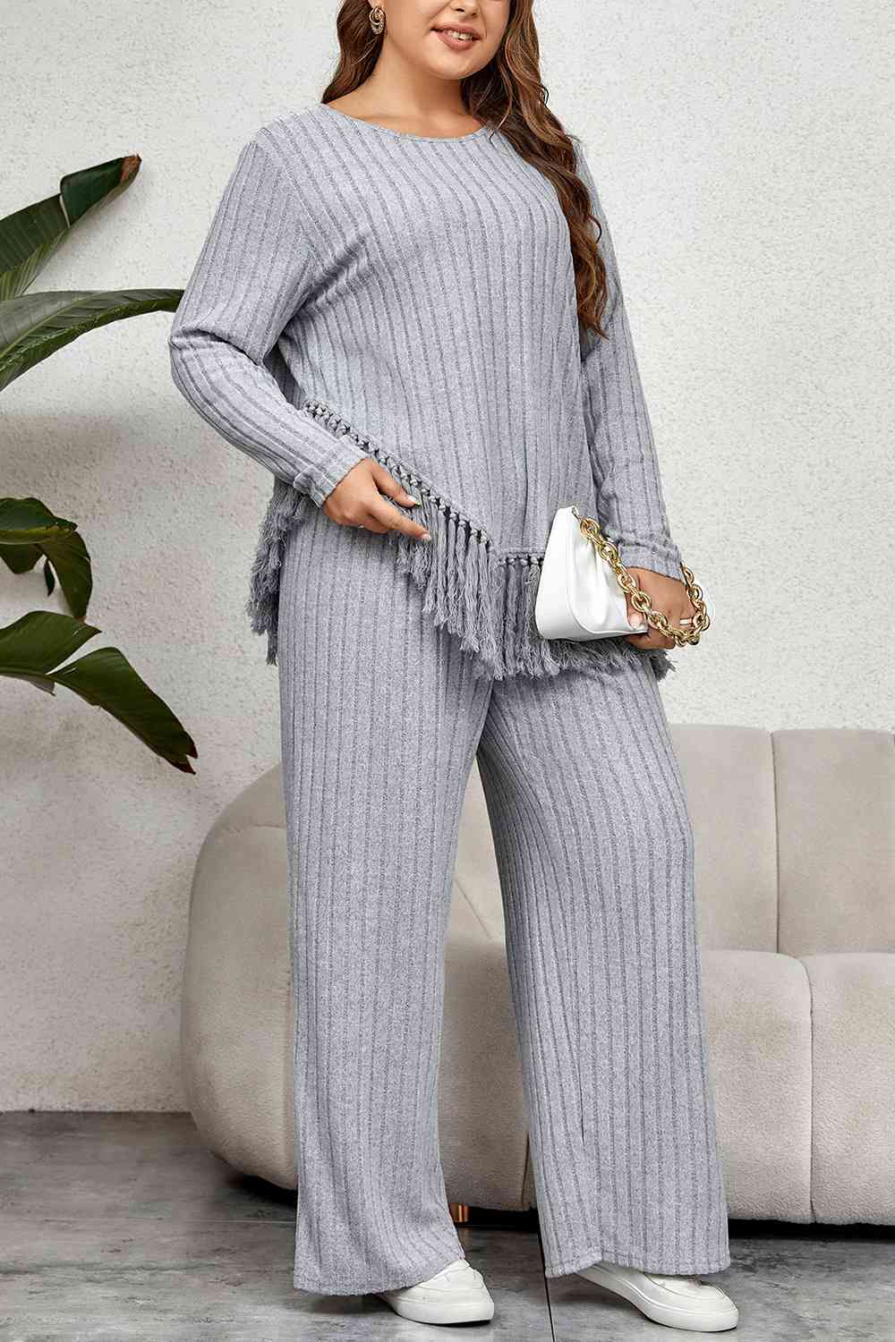 Plus Size Tassel Hem Top and Pants Set Shop One Place