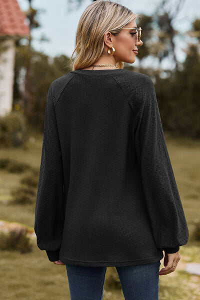 Eyelet Notched Raglan Sleeve T-Shirt Shop One Place