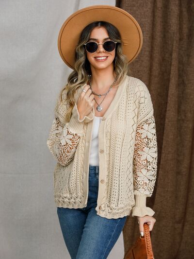 Eyelet Button Up Lantern Sleeve Cardigan Shop One Place