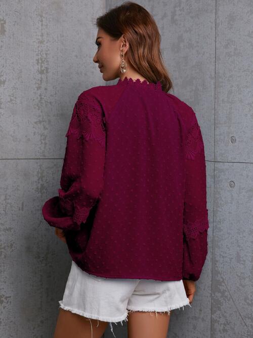 Crochet Tassel Tie Neck Long Sleeve Blouse Shop One Place