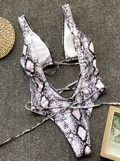 Lace-Up Backless Plunge One-Piece Swimwear Shop One Place