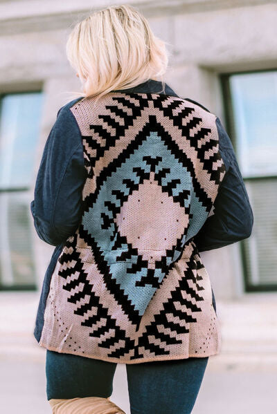 Plus Size Button Up Drawstring Long Sleeve Geometric Shacket Shop One Place